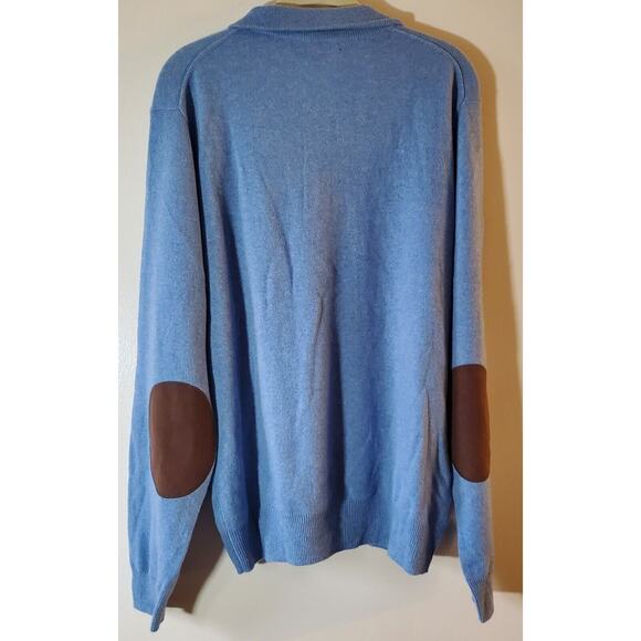 State Cashmere Mens Large 100%  Polo Collar Sweater Sky Blue Suede Elbows Lux - Picture 4 of 9